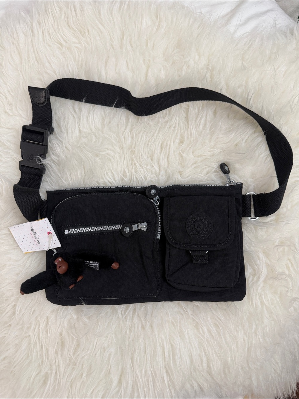 Kipling Waist Pack Black Nylon Belt Bag with Monkey Charm Size OS